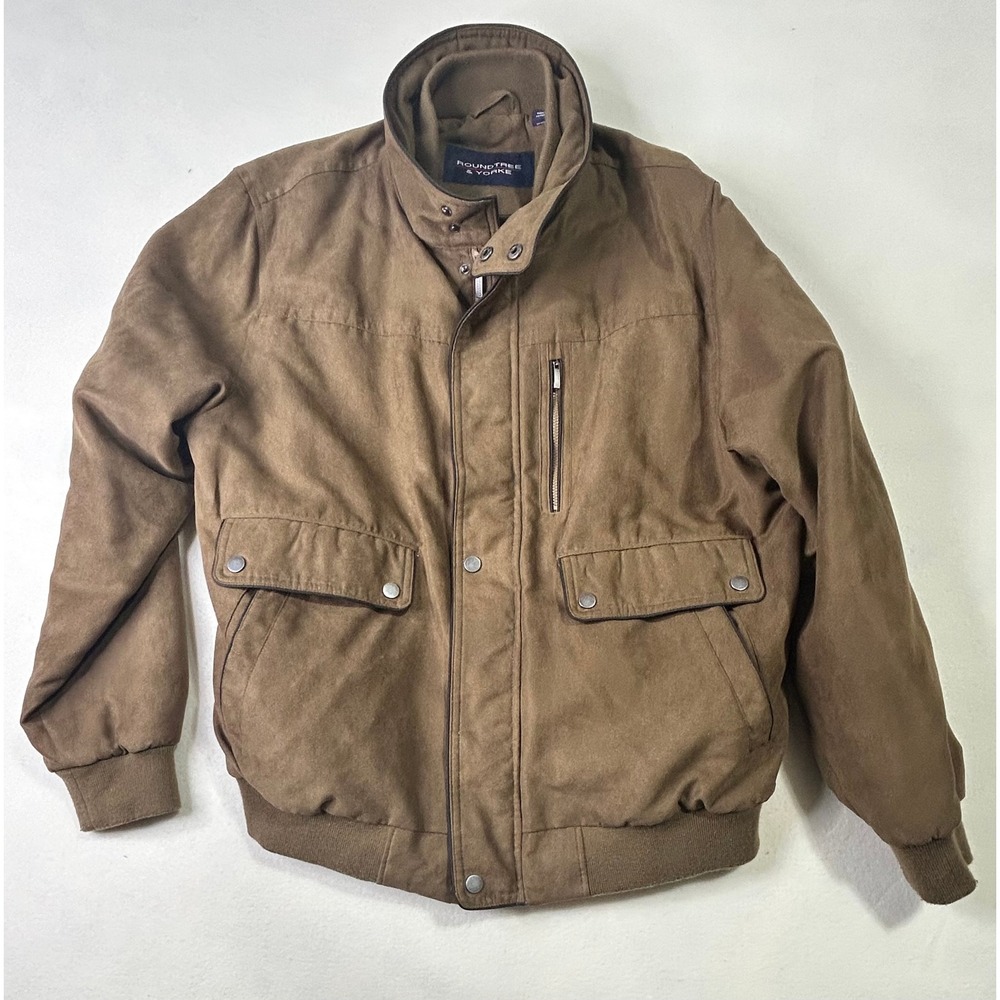 Roundtree & Yorke Mens Faux Suede Bomber Jacket Tan Brown Quilted Lined XL